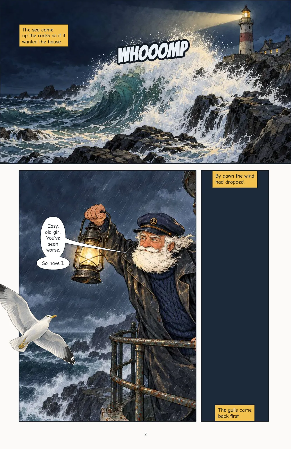 Page 2. Page 2: a wave bursting on the rocks, bled off the top and both sides; below, the keeper holding up a lantern while a gull flies out across the panel's left border, and a narrow night-blue panel with two captions.
