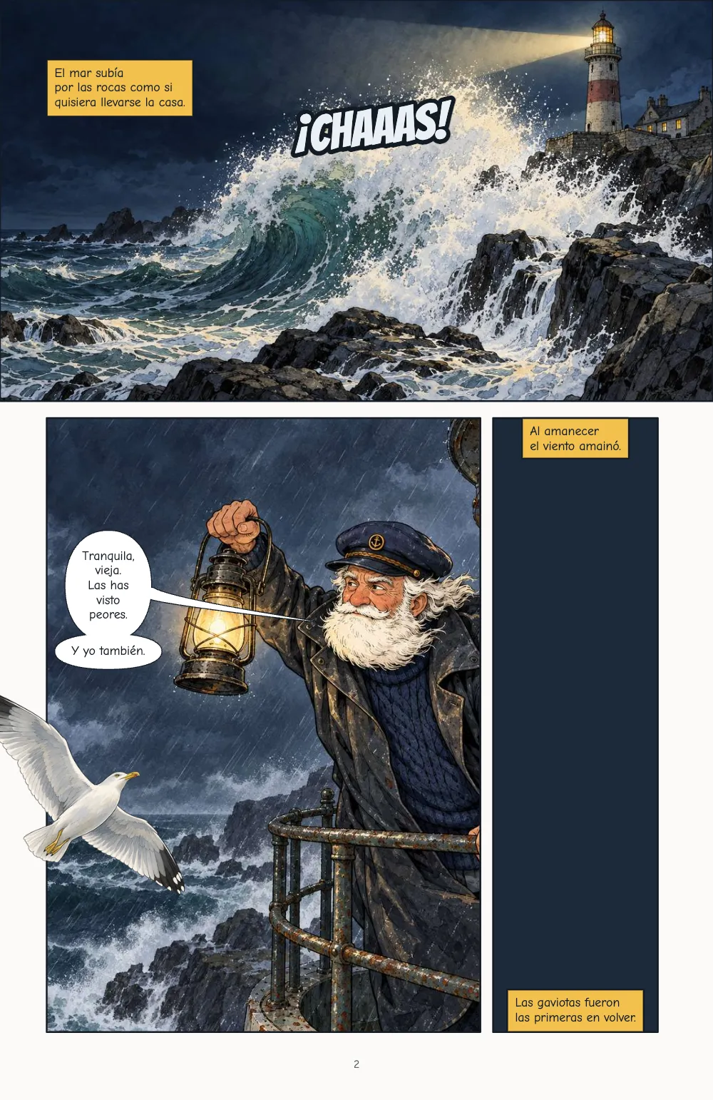 Página 2. Página 2: una ola que revienta en las rocas, a sangre por arriba y por los lados; debajo, el farero con un farol mientras una gaviota sale volando por el borde izquierdo de su viñeta, y una viñeta estrecha azul noche con dos cartelas.