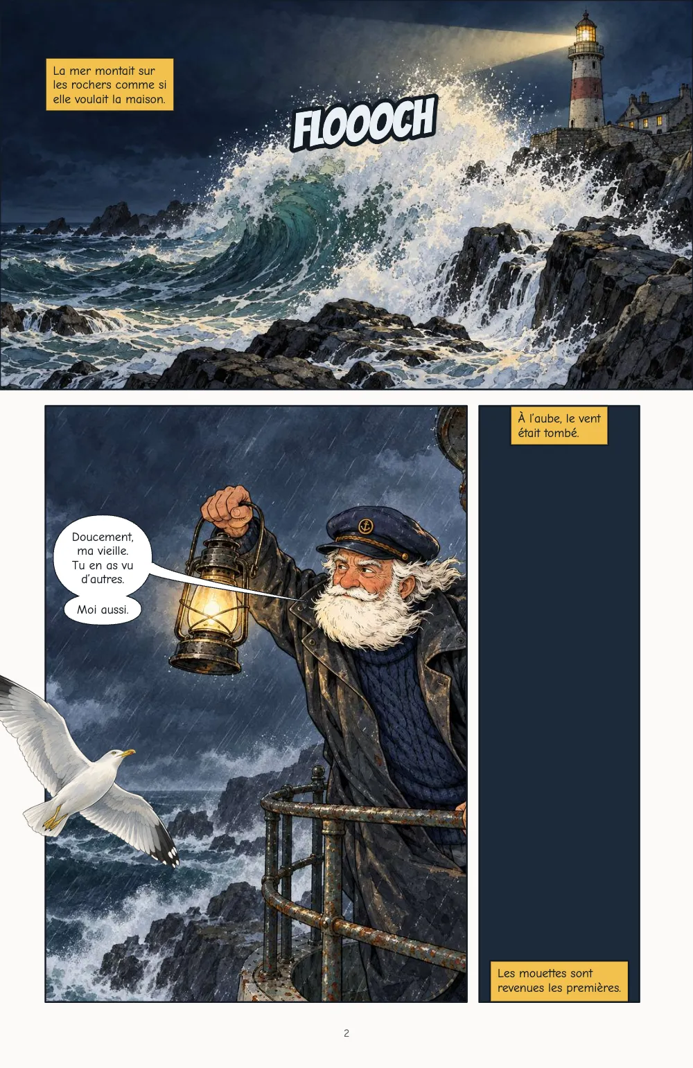 Page 2. Planche 2 : une vague qui se brise sur les rochers avec un « FLOOOCH », à fond perdu en haut et sur les deux côtés ; dessous, le gardien lève une lanterne (« Doucement, ma vieille. Tu en as vu d’autres. » « Moi aussi. ») pendant qu’une mouette sort par le bord gauche de la case, et une case étroite bleu nuit avec deux récitatifs : « À l’aube, le vent était tombé. » et « Les mouettes sont revenues les premières. »