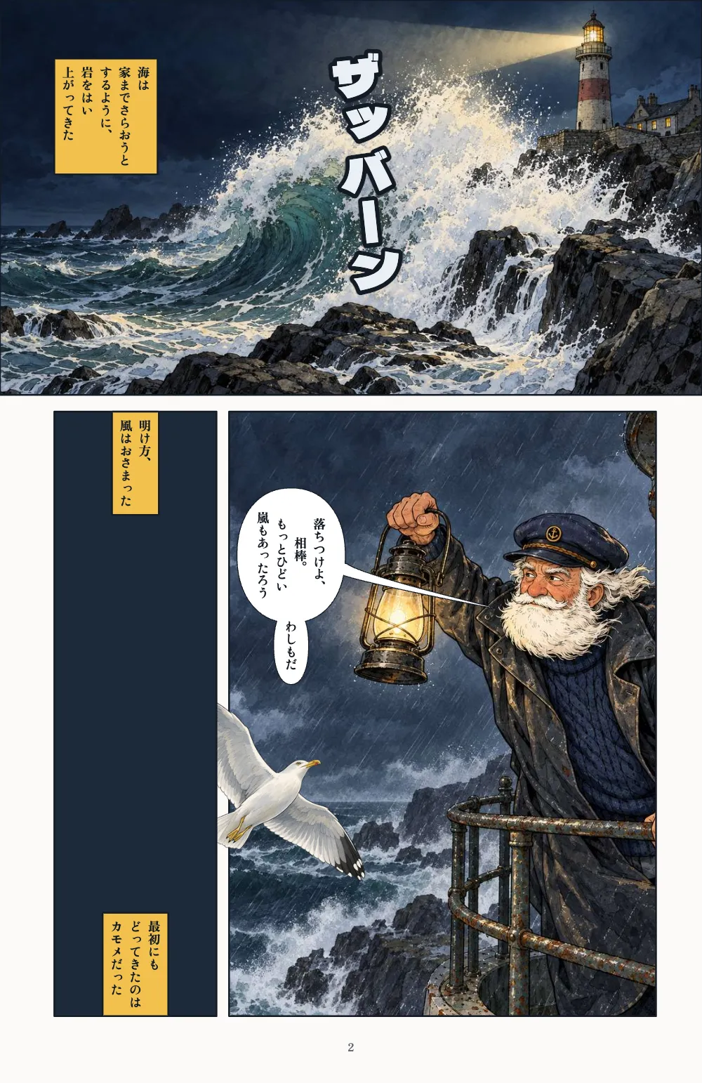 2ページ。. 2ページ。岩に砕ける波が上と左右で裁ち切り。その下に、カンテラを掲げる灯台守と、コマの左の枠を越えて飛ぶカモメ。紺色の細いコマにはナレーションが二つ。