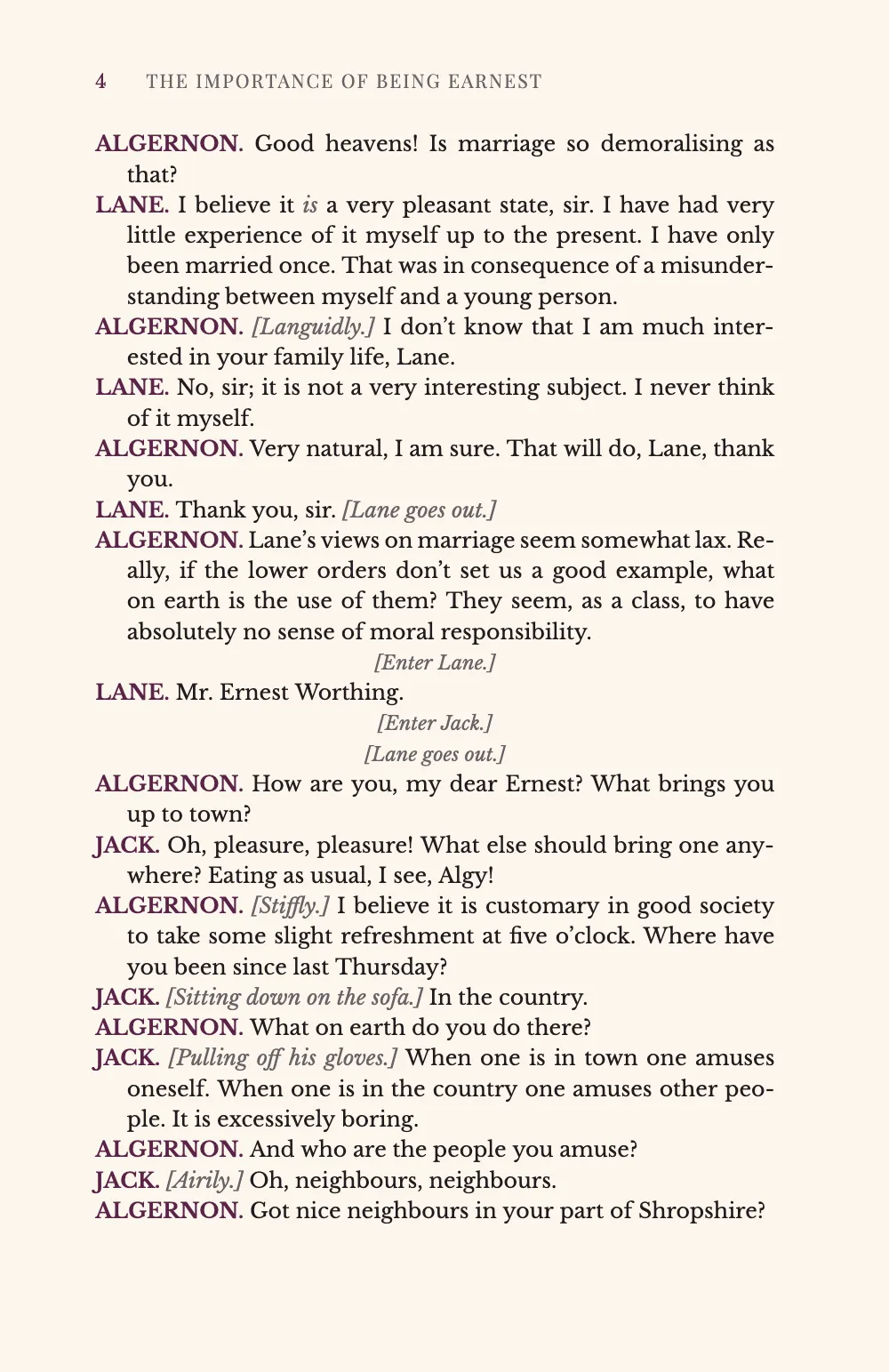 Page 4. Speeches with hung turnovers and three stage directions centred between them: Lane’s entrance and exit and Jack’s entrance.