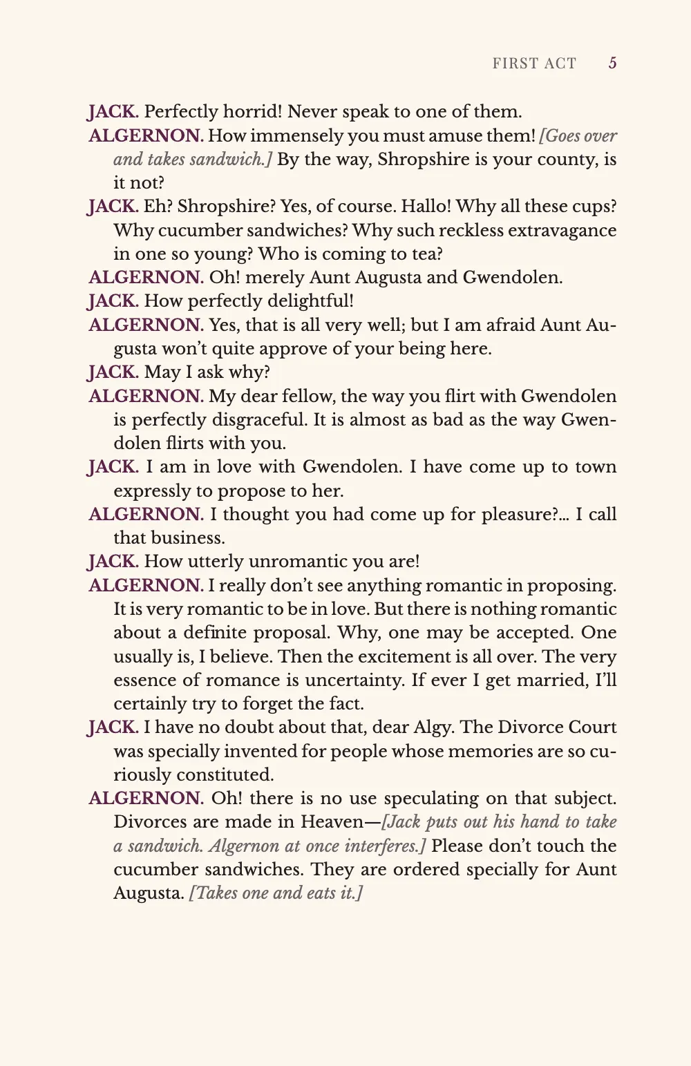 Page 5. The page ends on Algernon’s speech about divorces, which a stage direction in grey italic cuts in two.
