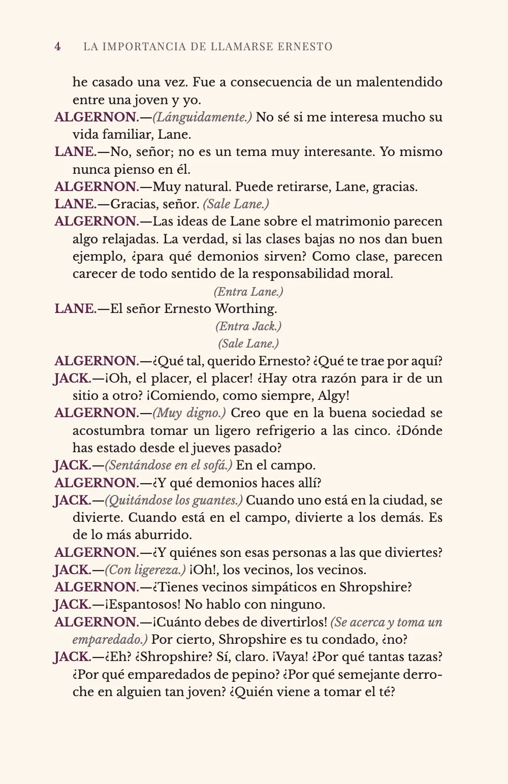 Página 4. Parlamentos con sangría francesa y tres acotaciones centradas entre ellos: la entrada y la salida de Lane y la entrada de Jack.