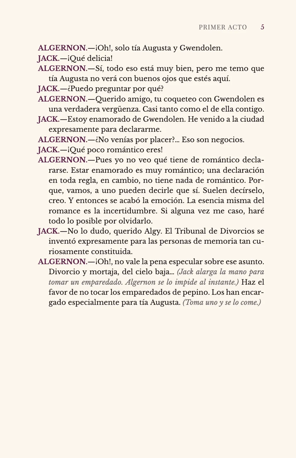 Página 5. La página termina con el parlamento de Algernon sobre los divorcios, que una acotación en cursiva gris corta en dos.