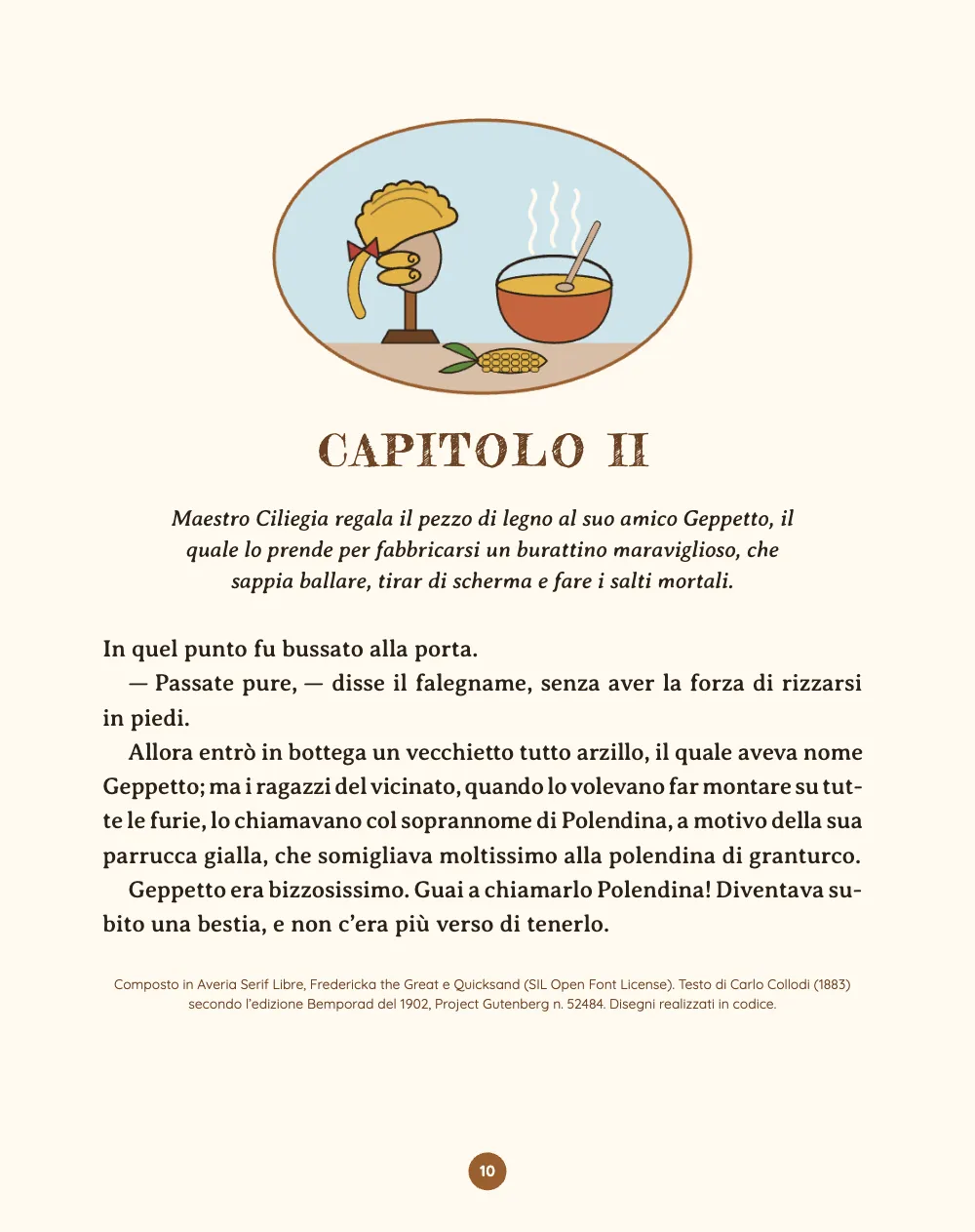 Página de apertura 10: Capitolo II. El capítulo II empieza bajo una viñeta de la peluca amarilla de Geppetto en un soporte de madera, junto a una olla de barro roja con polenta humeante y una mazorca; CAPITOLO II, un sumario de tres líneas, los primeros párrafos y el colofón.