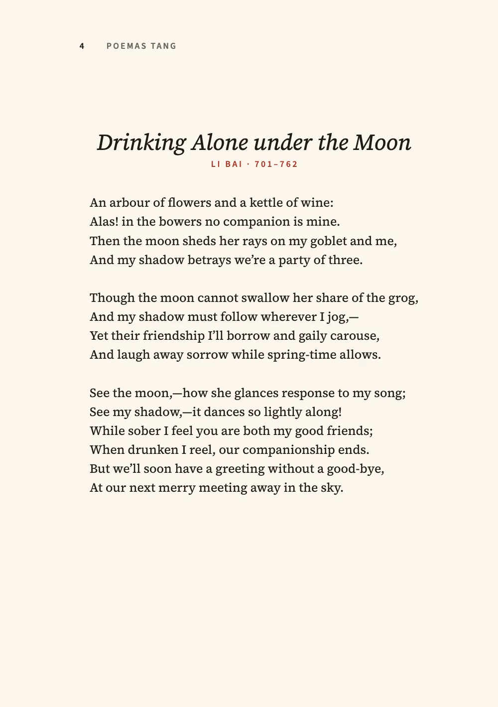Página de apertura 4: Drinking Alone under the Moon.