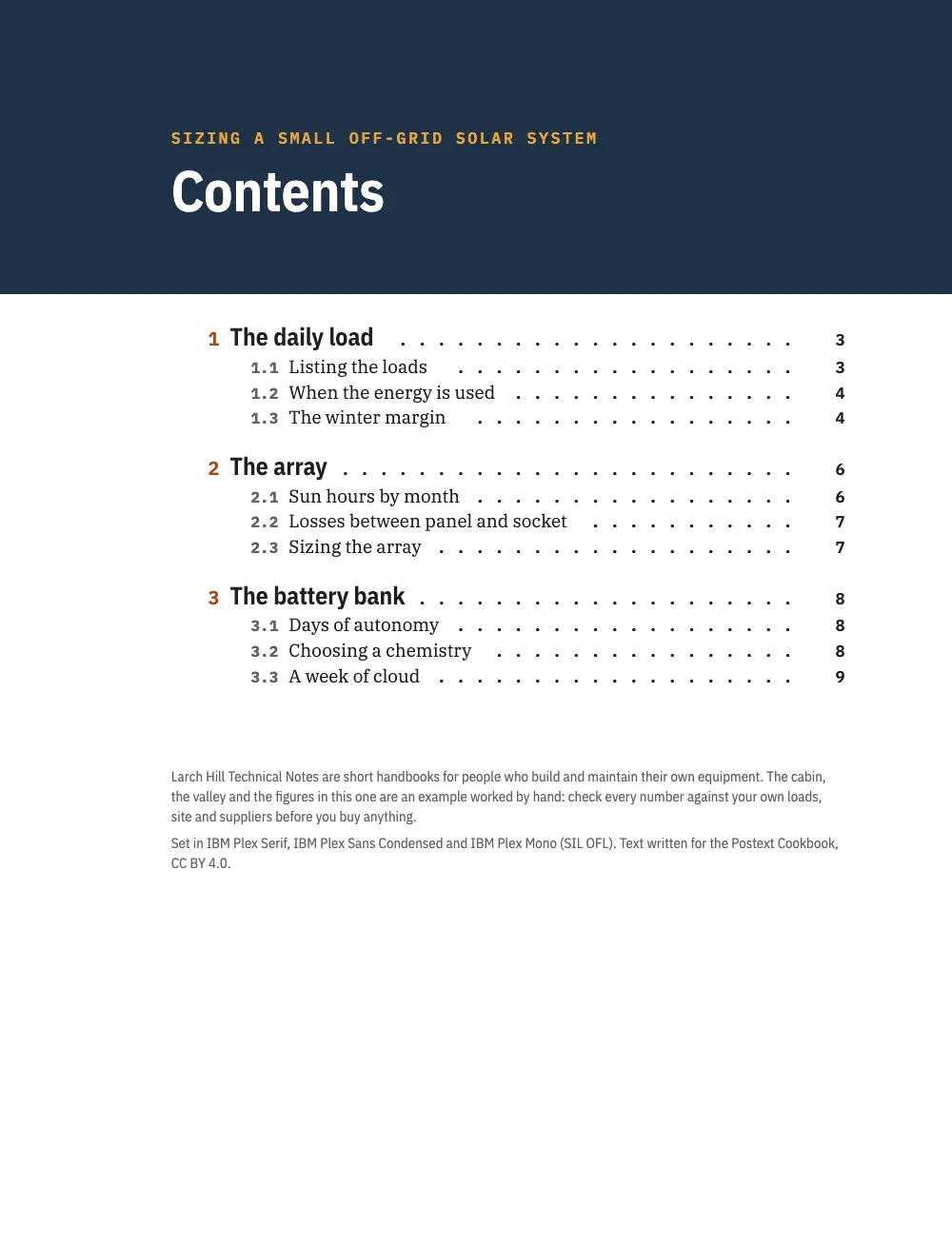 Opening page 2: Contents. Page 2: the contents under the same band, three numbered chapters with their sections and page numbers, and a colophon.