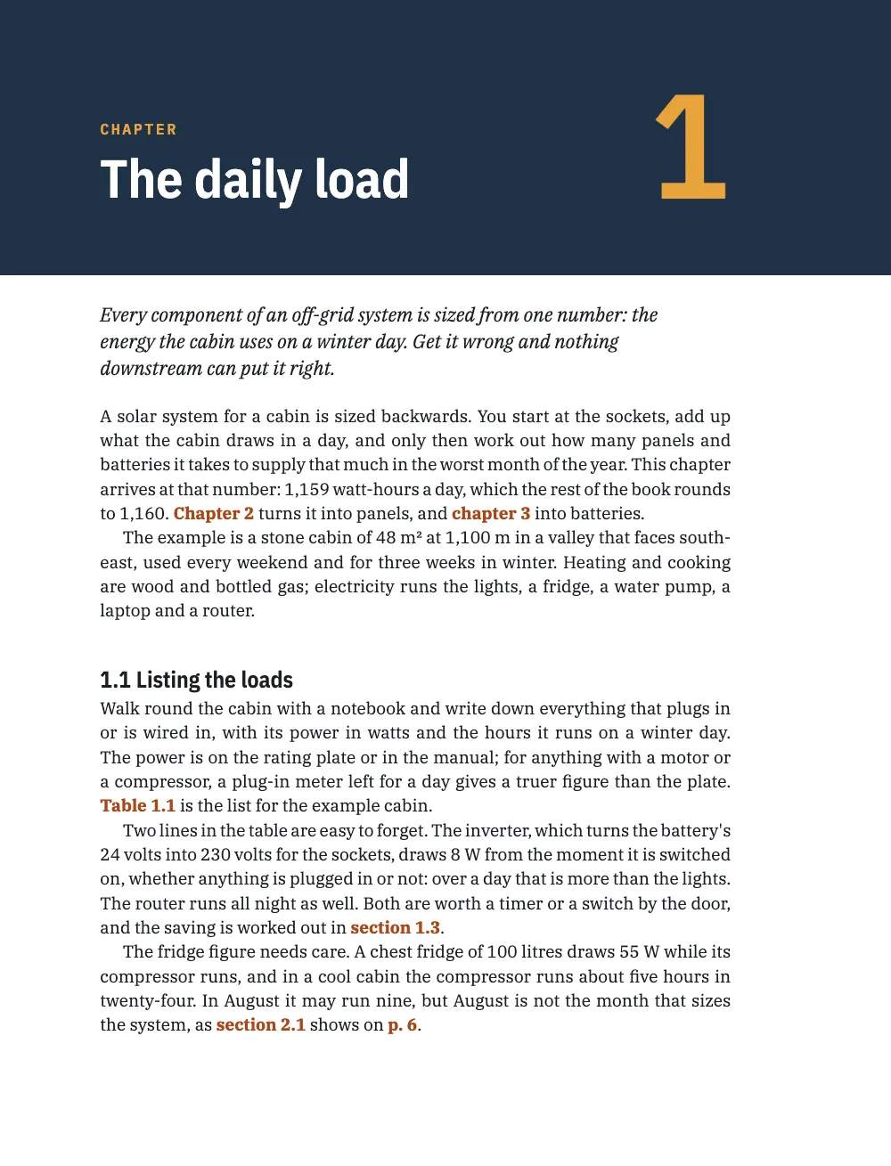 Opening page 3: 1 The daily load. Page 3: chapter 1 opens under the band with a large amber 1; the text refers ahead to chapter 2 and chapter 3 and to section 1.3, references set in bold orange.