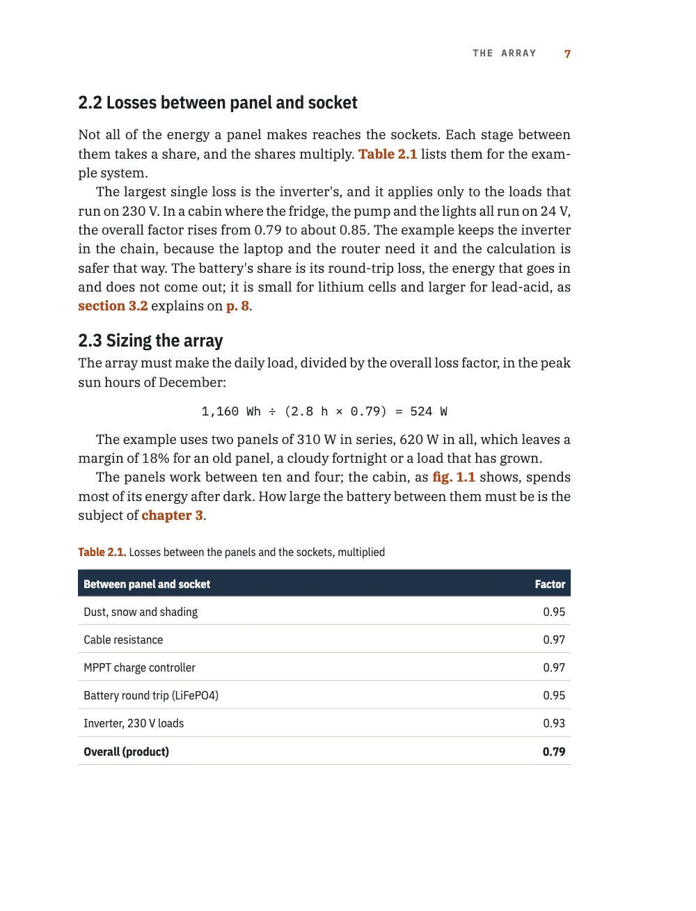 Page 7: 2.2 Losses between panel and socket. Table 2.1. Losses between the panels and the sockets, multiplied. Page 7: sections 2.2 and 2.3, a reference ahead to section 3.2 on p. 8, a centred formula, and table 2.1 of losses.
