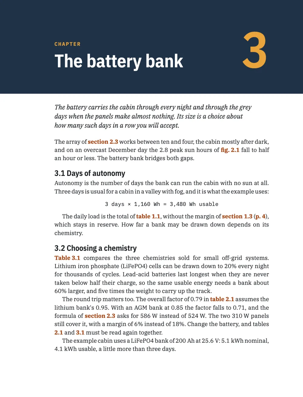 Opening page 8: 3 The battery bank. Page 8: chapter 3 opens; its text cites section 2.3, fig. 2.1, table 1.1, section 1.3 with its page, table 2.1 and tables 2.1 and 3.1 by number alone.