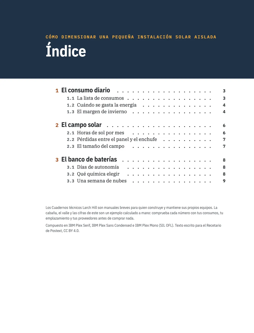 Página de apertura 2: Índice. Página 2: el índice bajo la misma banda, tres capítulos numerados con sus apartados y páginas, y un colofón.