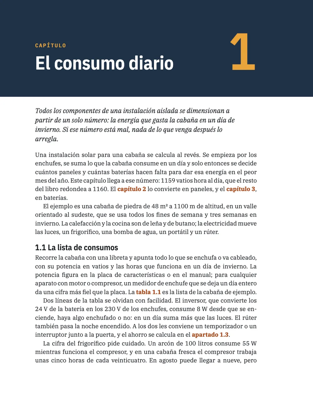 Página de apertura 3: 1 El consumo diario. Página 3: el capítulo 1 se abre bajo la banda con un 1 grande en ámbar; el texto remite al capítulo 2, al capítulo 3 y al apartado 1.3, con las remisiones en naranja y negrita.