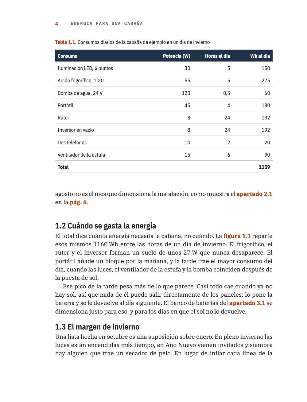 Página 4: 1.2 Cuándo se gasta la energía. Tabla 1.1. Consumos diarios de la cabaña de ejemplo en un día de invierno. Página 4: la tabla 1.1 de consumos con la cabecera azul noche, y los apartados 1.2 y 1.3 con remisiones al apartado 2.1 en la pág. 6, a la figura 1.1 y al apartado 3.1.