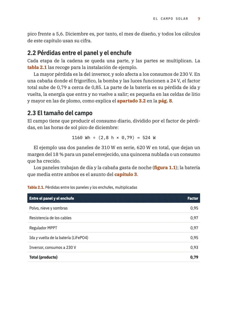 Página 7: 2.2 Pérdidas entre el panel y el enchufe. Tabla 2.1. Pérdidas entre los paneles y los enchufes, multiplicadas. Página 7: los apartados 2.2 y 2.3, una remisión al apartado 3.2 en la pág. 8, una fórmula centrada y la tabla 2.1 de pérdidas.