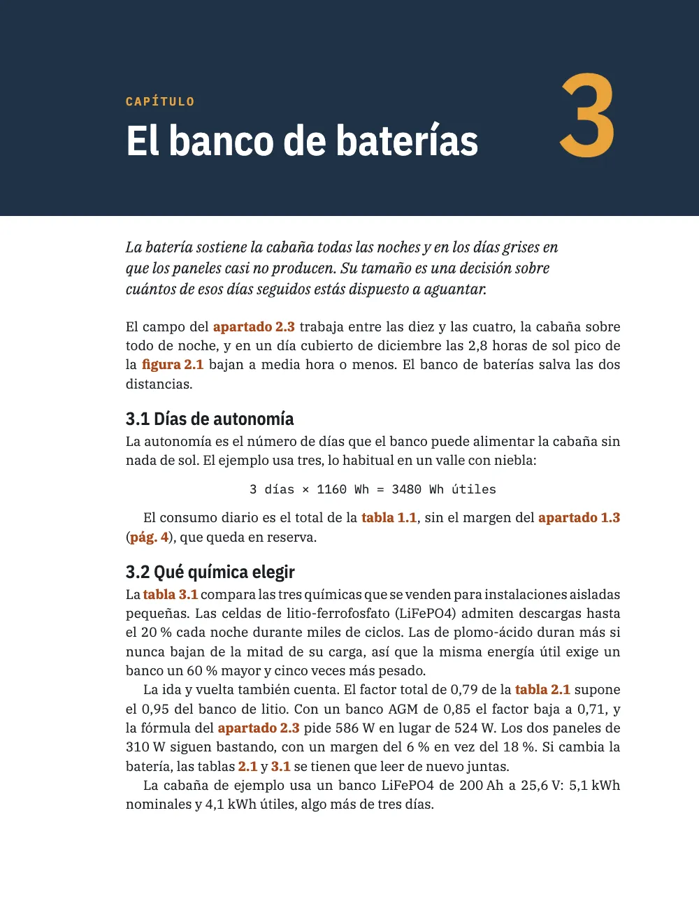Página de apertura 8: 3 El banco de baterías. Página 8: se abre el capítulo 3; su texto cita el apartado 2.3, la figura 2.1, la tabla 1.1, el apartado 1.3 con su página, la tabla 2.1 y las tablas 2.1 y 3.1 por su número solo.