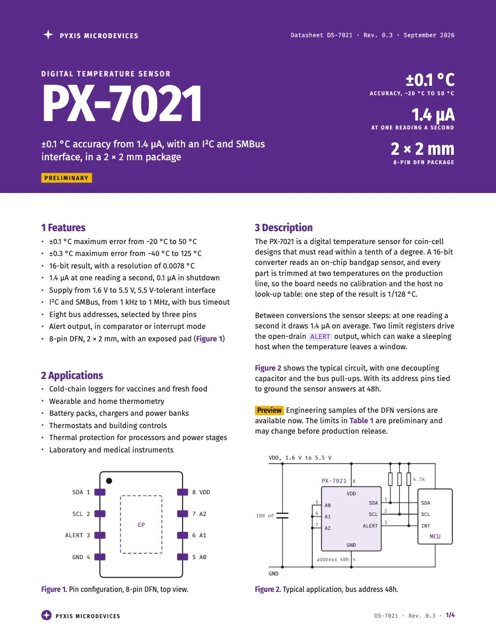 Opening page 1: PX-7021. Figure 1. Pin configuration, 8-pin DFN, top view. · Figure 2. Typical application, bus address 48h. The front page: a violet band with the part number, a lead and three key figures; below it the features and applications, the pinout drawing, its exposed pad dashed because it lies under the package, and the typical application circuit.