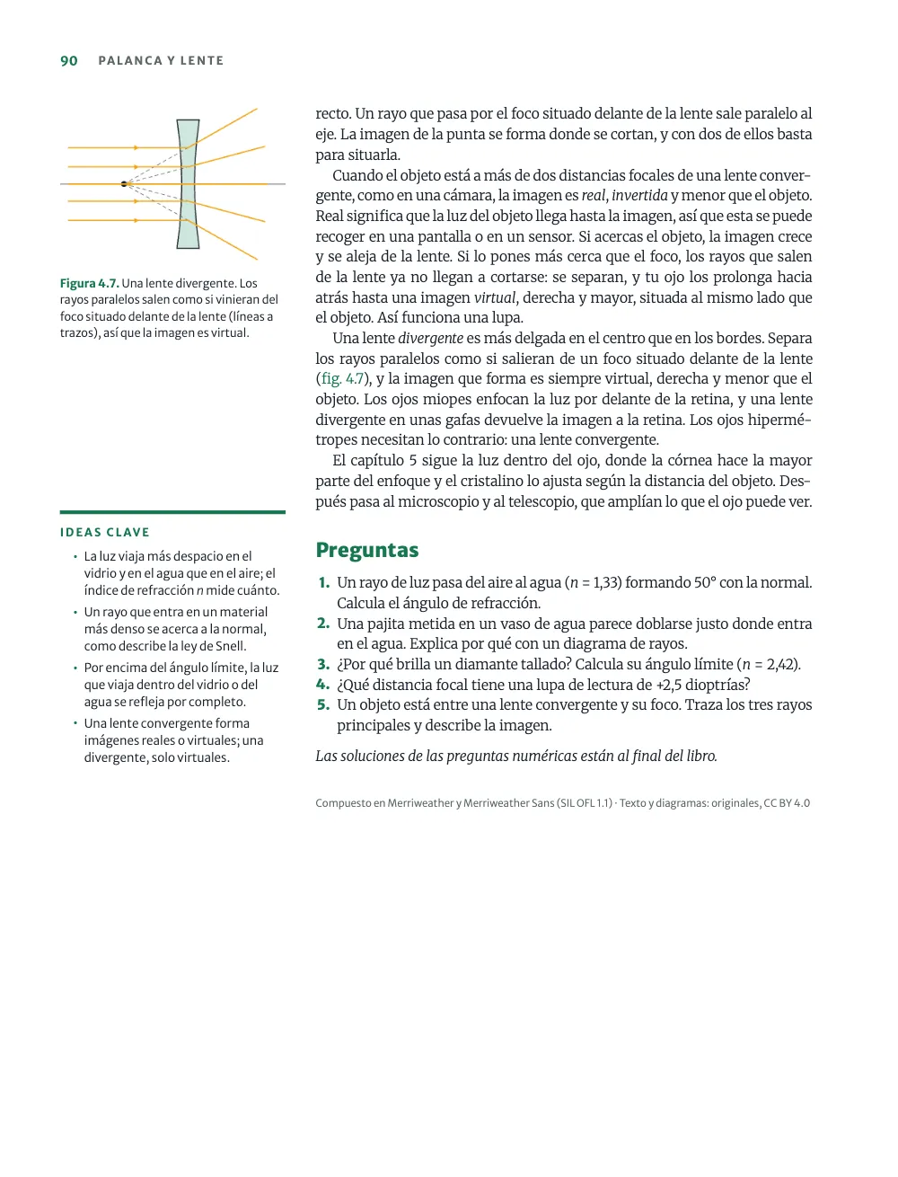 Página 90: Preguntas. Figura 4.7. Una lente divergente. Los rayos paralelos salen como si vinieran del foco situado delante de la lente (líneas a trazos), así que la imagen es virtual. La figura de la lente divergente encabeza la columna del margen de la última página; el panel de ideas clave empieza bajo el párrafo de cierre, a la altura del título «Preguntas», y acompaña a las preguntas; un colofón de una línea cierra el capítulo.