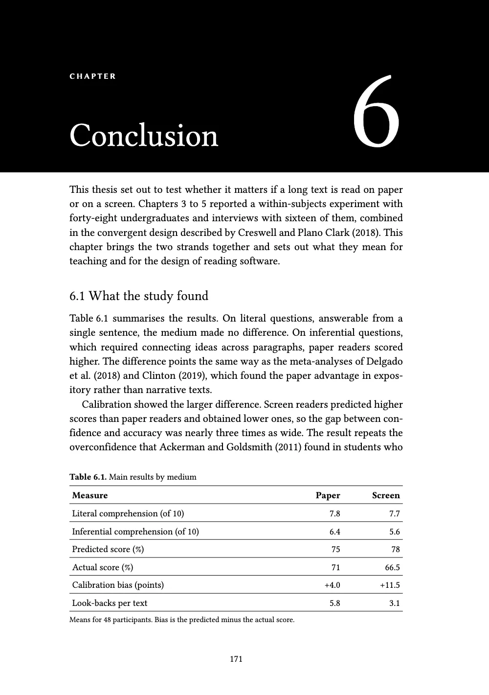 Opening page 171: 6 Conclusion. Table 6.1. Main results by medium.