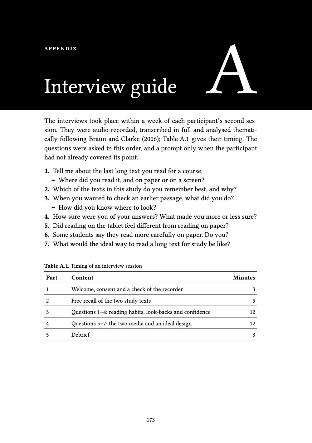 Opening page 173: Interview guide. Table A.1. Timing of an interview session.