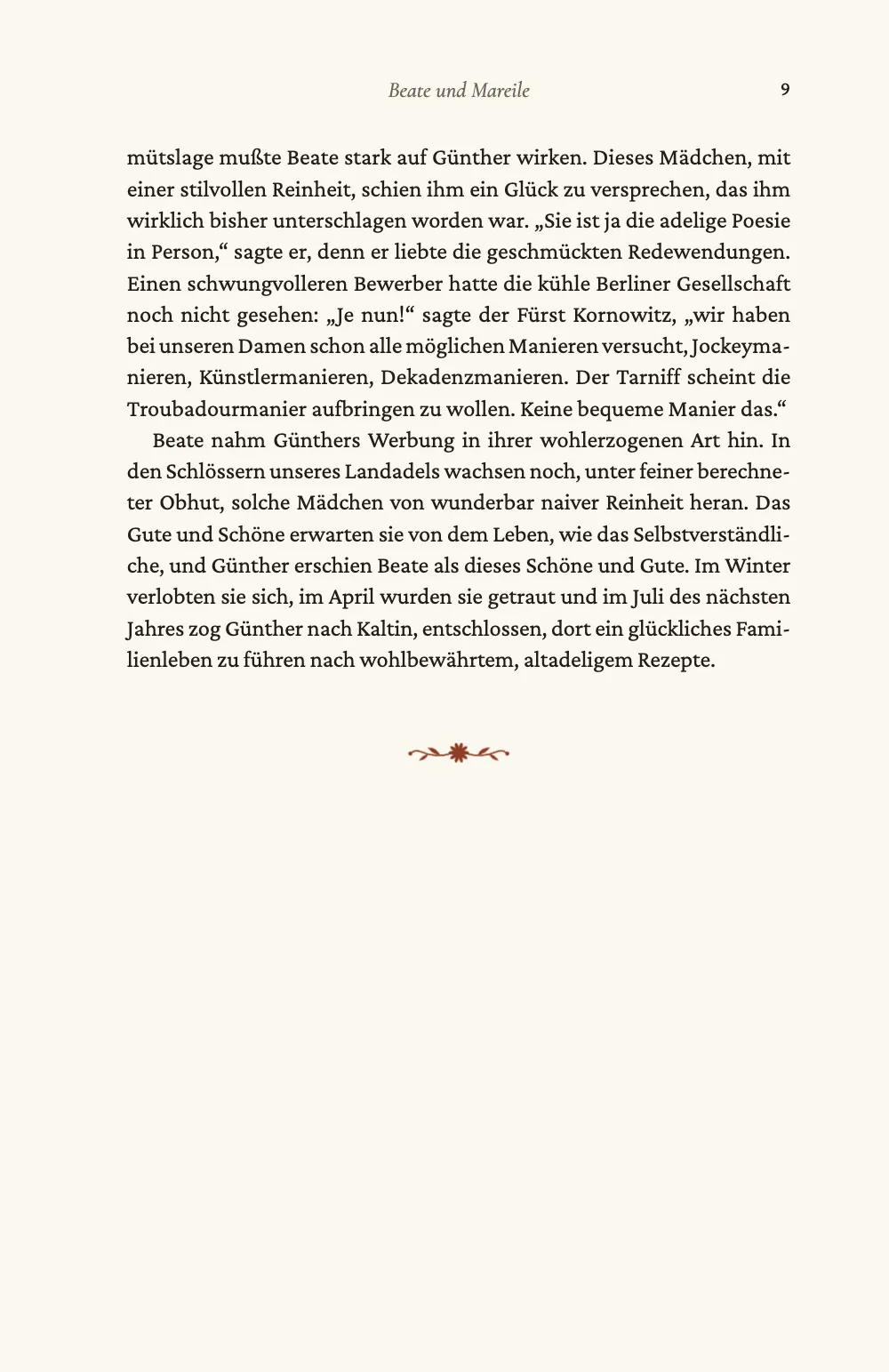Seite 9. Eine neunte Seite, rechts, mit Beate und Mareile kursiv im Kolumnentitel; Kapitel II endet auf „nach wohlbewährtem, altadeligem Rezepte.“, gefolgt von der Schlussvignette.