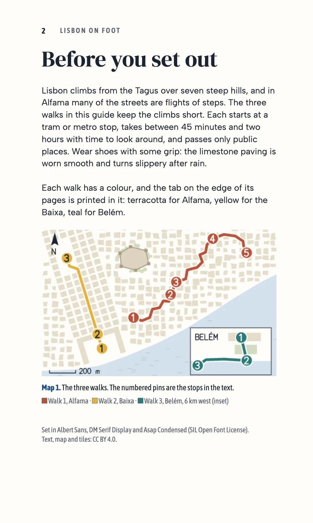 Page 2: Before you set out. Map 1. The three walks. The numbered pins are the stops in the text. Page 2, the introduction, with running heads and no thumb tab, and a map of the routes whose numbered pins match the stops.