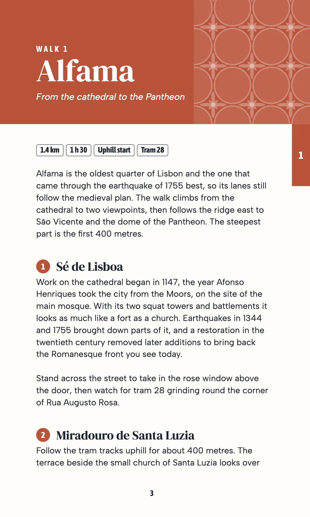 Opening page 3: Alfama. Walk 1 opens on a recto under a terracotta band with a tile pattern towards the fore-edge; the terracotta tab with a white 1 hangs from the band’s foot.