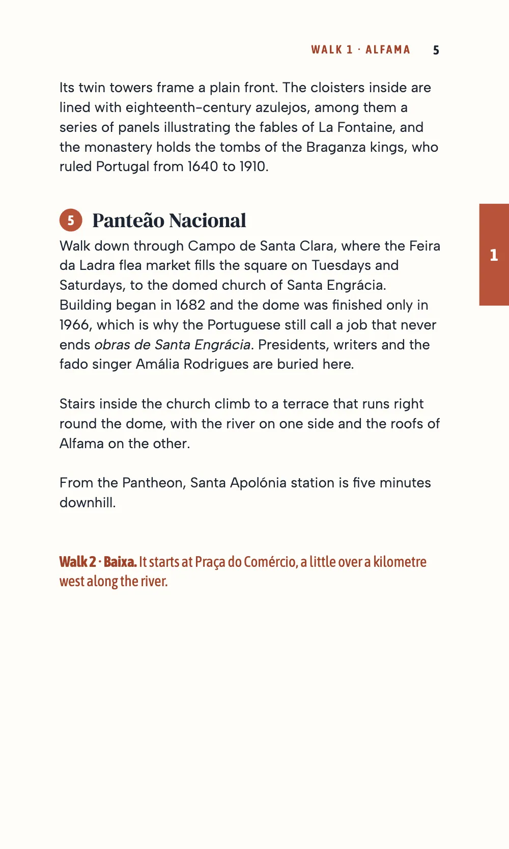 Page 5: 5 Panteão Nacional. Page 5 ends Walk 1 with the fifth stop and a terracotta line in the label face that sends you on to Walk 2.