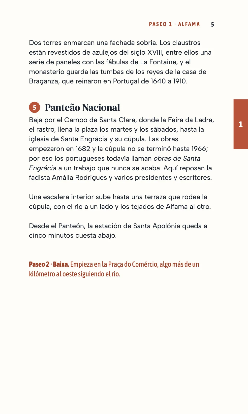 Página 5: 5 Panteão Nacional. La página 5 cierra el paseo 1 con la quinta parada y una línea terracota en la letra de los rótulos que te manda al paseo 2.