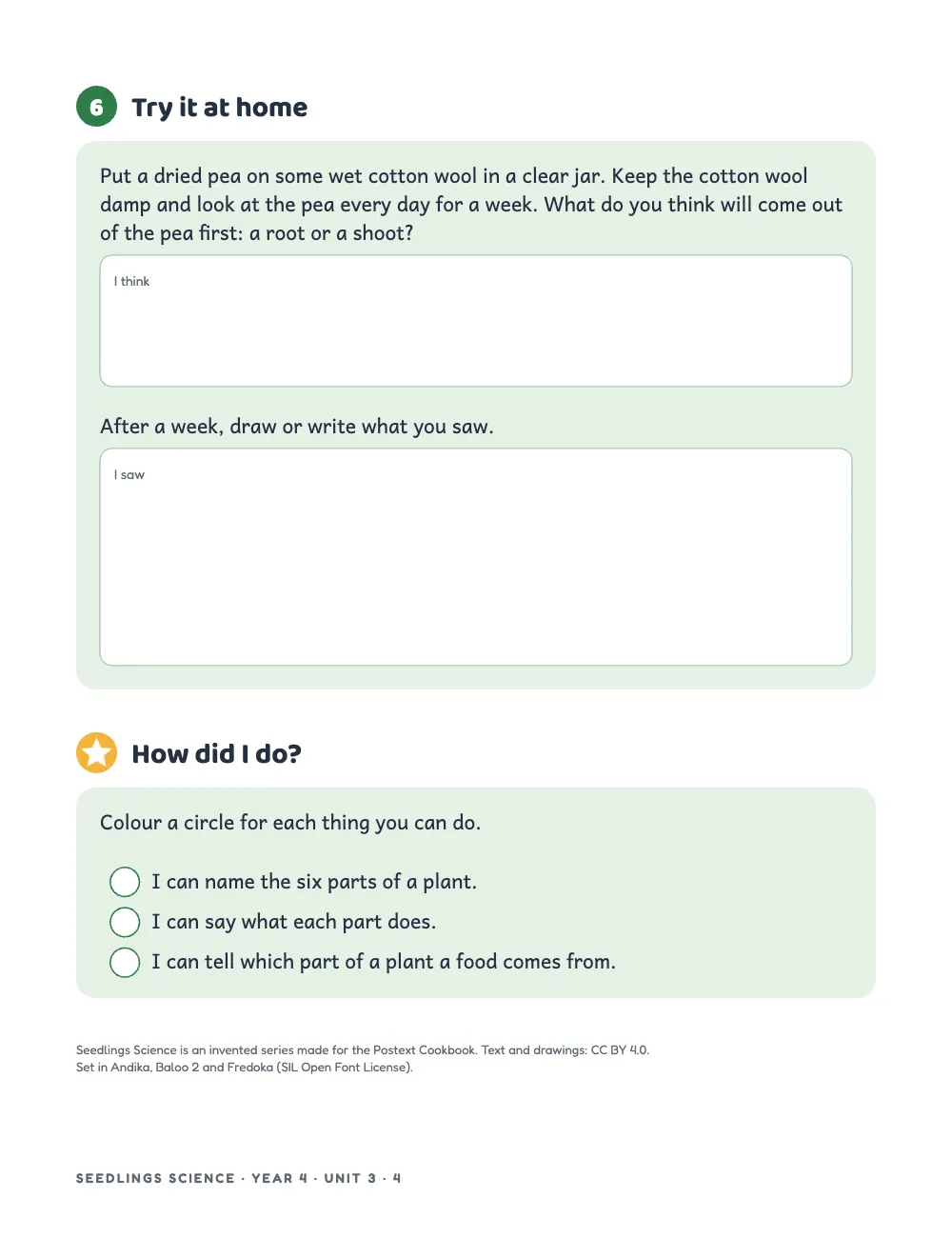Page 4: 6 Try it at home. Activity 6, a pea to sprout at home, with an I think box and an I saw box; How did I do?, headed by a star, lists three I can statements, each after an empty circle to colour; under the card, two lines of colophon.