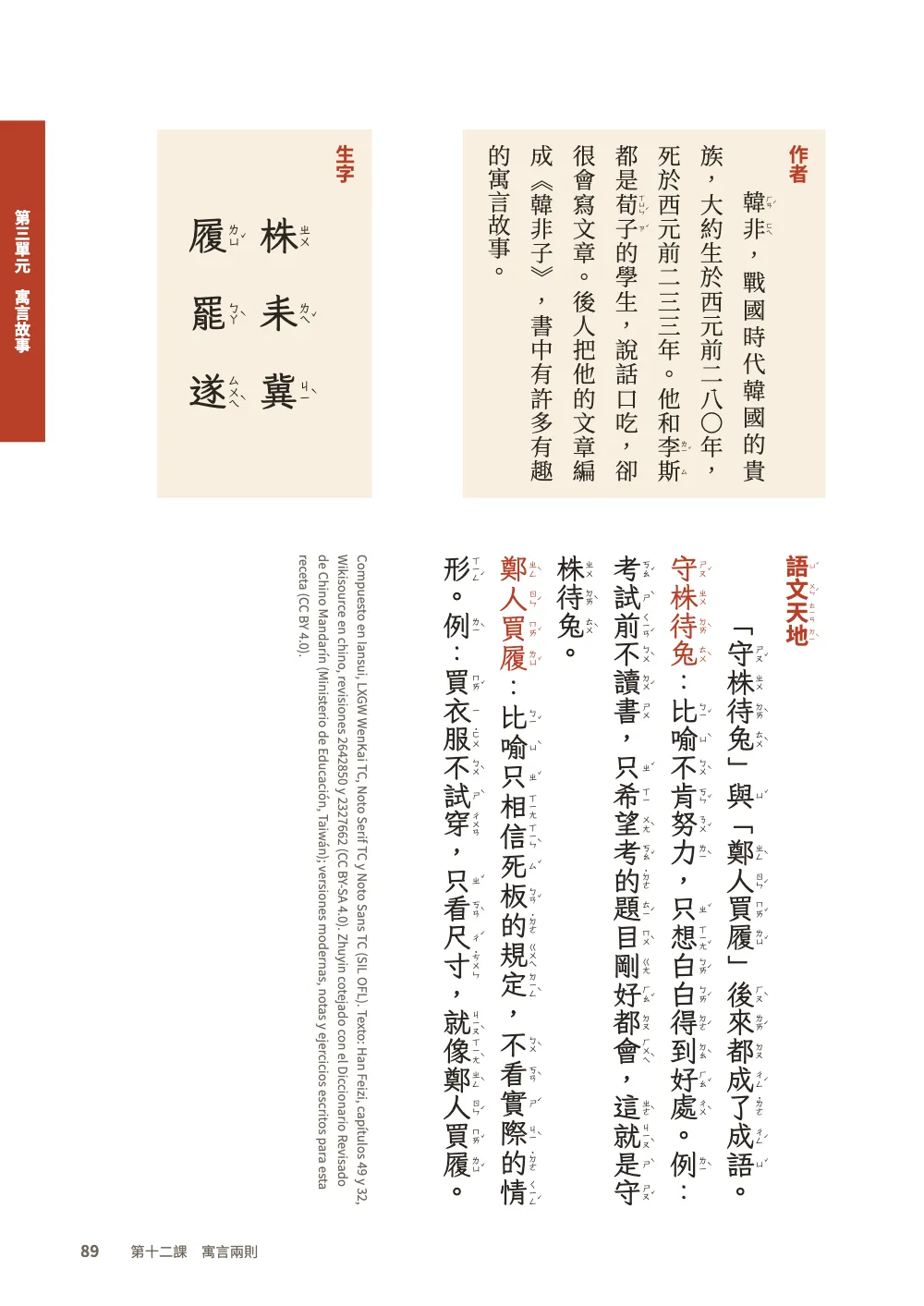 Página 89: 語文天地. Página 89: en el piso de arriba, un recuadro sobre Han Fei y otro con seis caracteres nuevos y su zhuyin; abajo, 語文天地 sobre las dos fábulas como frases hechas, con los lemas en rojo, y el colofón.