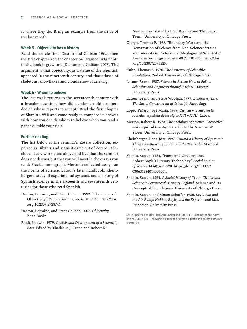 Page 2: Week 5 · Objectivity has a history. Page 2: weeks 4 to 6 and the Further reading section, then the bibliography in Chicago author-date over both columns: thirteen works, five of them never cited in the text, among them Fleck, Merton and López Piñero.
