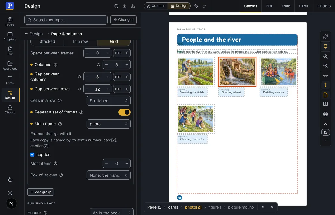 The page People and the river with four photos in a grid of three columns and a caption under each, and the Design panel showing the group cards with Grid, three columns and Repeat a set of frames.