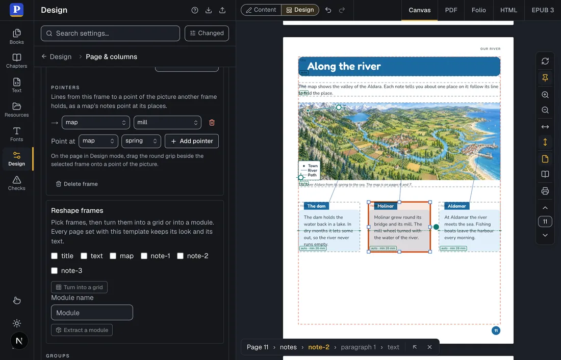 The page Along the river in Design mode: the map with a key in its lower left corner, three notes under it with a line from each to a place on the map, and the Pointers group of the second note in the Design panel.