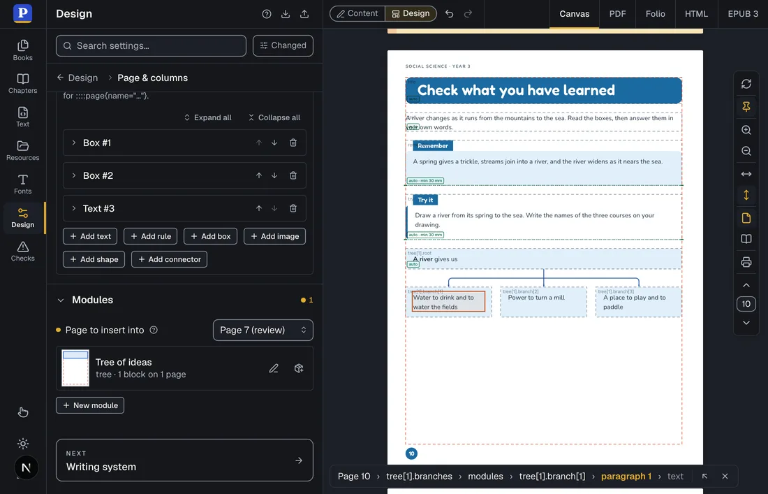 The Modules section of the Design panel: the list Page to insert into, the module Tree of ideas with the words 1 block on 1 page, and the New module button.